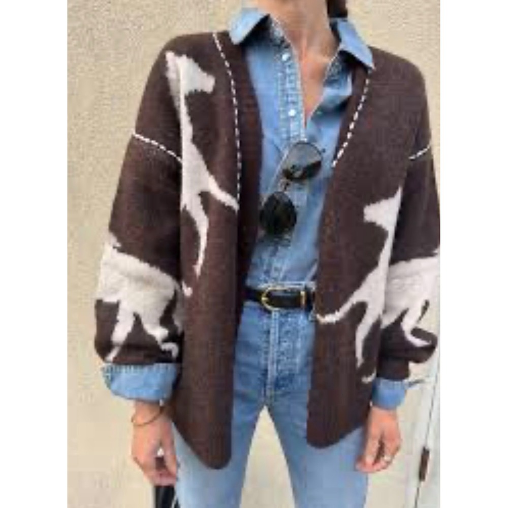 Illa Illa Womens Brown Horse Intarsia Knit Cardigan Sweater Whipstitch S/M - Picture 2 of 7